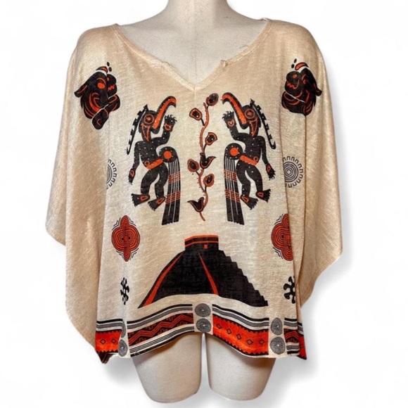 Sweaters - Bohemian Tribal Print Poncho Top | Cream | One Size